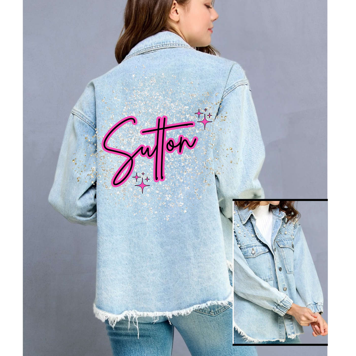 ADULT-Customized Pearl and Rhinestone Denim MOM Jacket