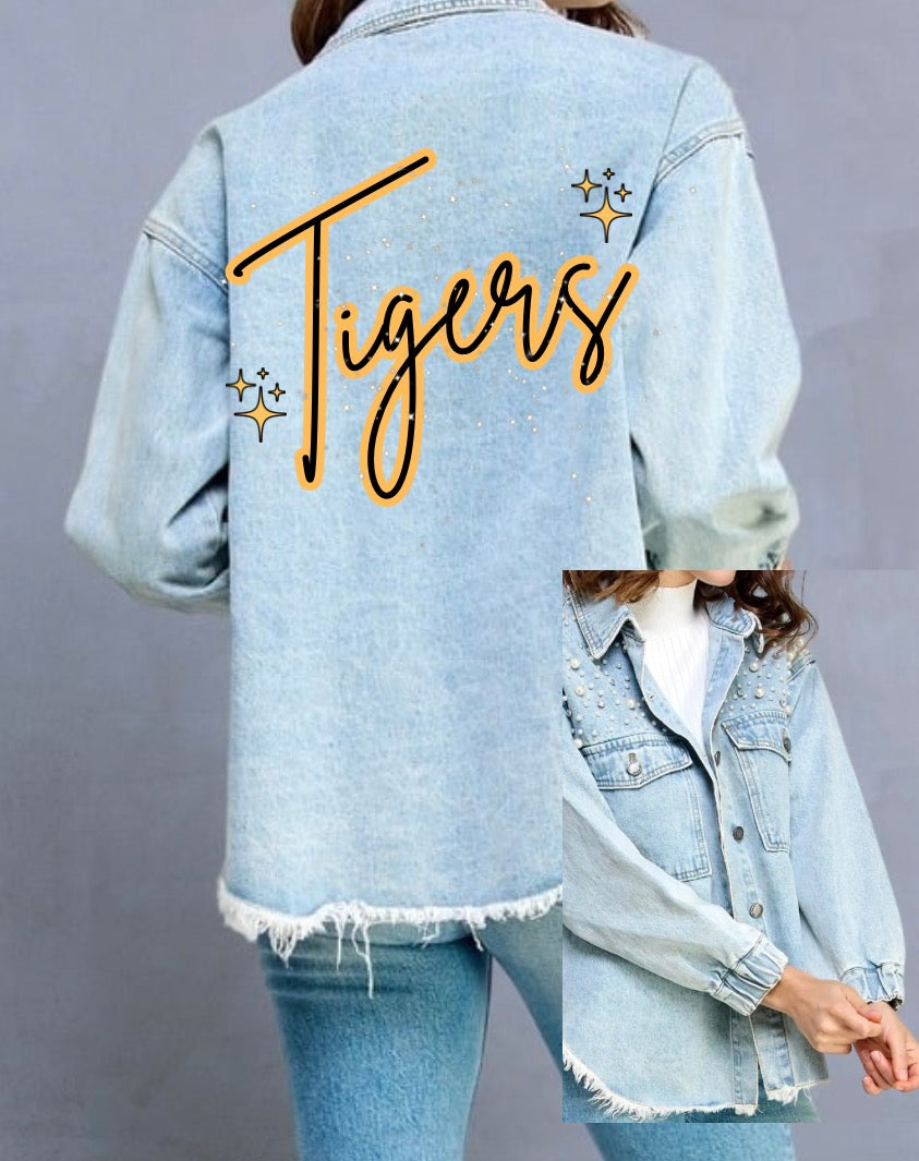 Tigers- Rhinestoned/Pearl Denim Shacket