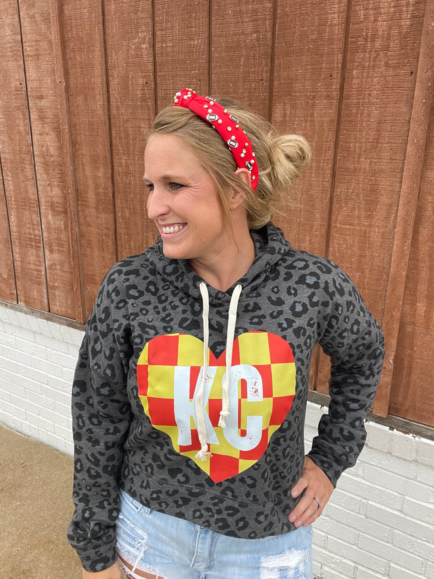 KC Checkered Heart Cropped Leopard Hoodie