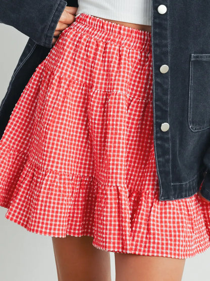 Red Checked High Waist Ruffle Skirt