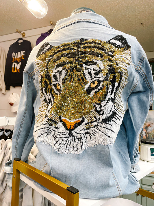 CUSTOM Sequin Tiger Denim Jacket