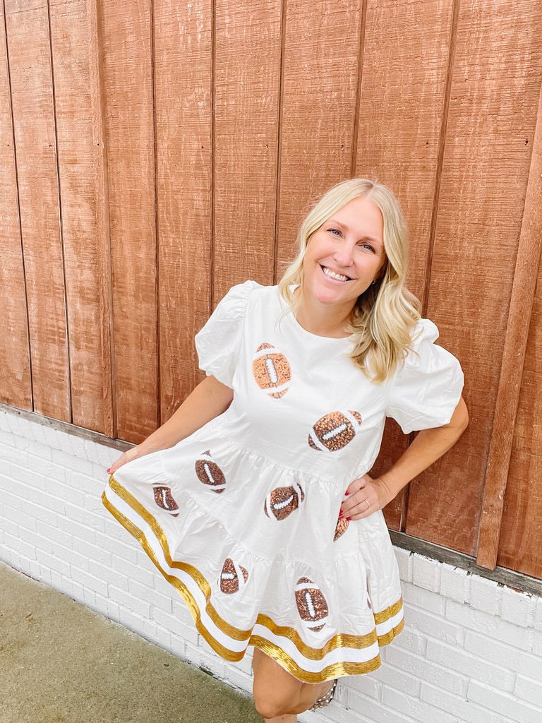 White & Gold Football Puff Sleeve Dress