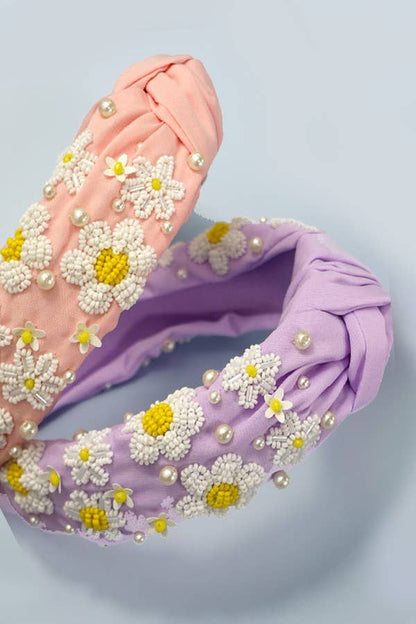 SEED BEAD DAISY FLOWER KNOTTED HEADBANDS